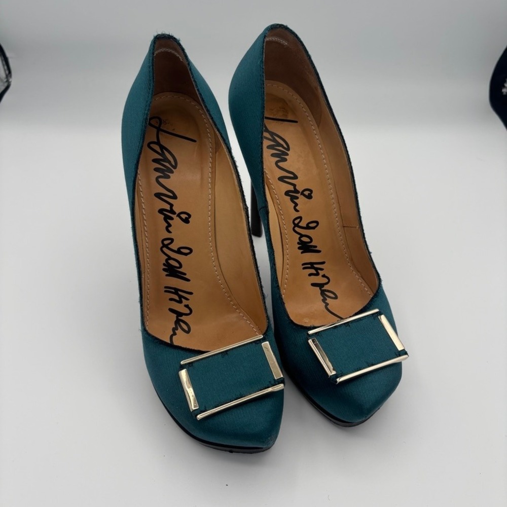 Lanvin Platform Pumps Women Sz 39 Teal Satin Buckle Stiletto Heel Luxury - Picture 7 of 16